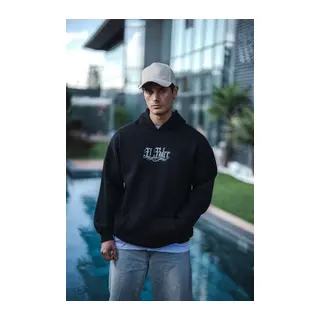 Üç İplik Penye Kapşonlu Baskılı SweatShirt - Siyah