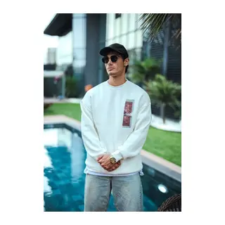 Uzun Kol Bisiklet Yaka Ön Ve Arka Baskılı SweatShirt - Beyaz