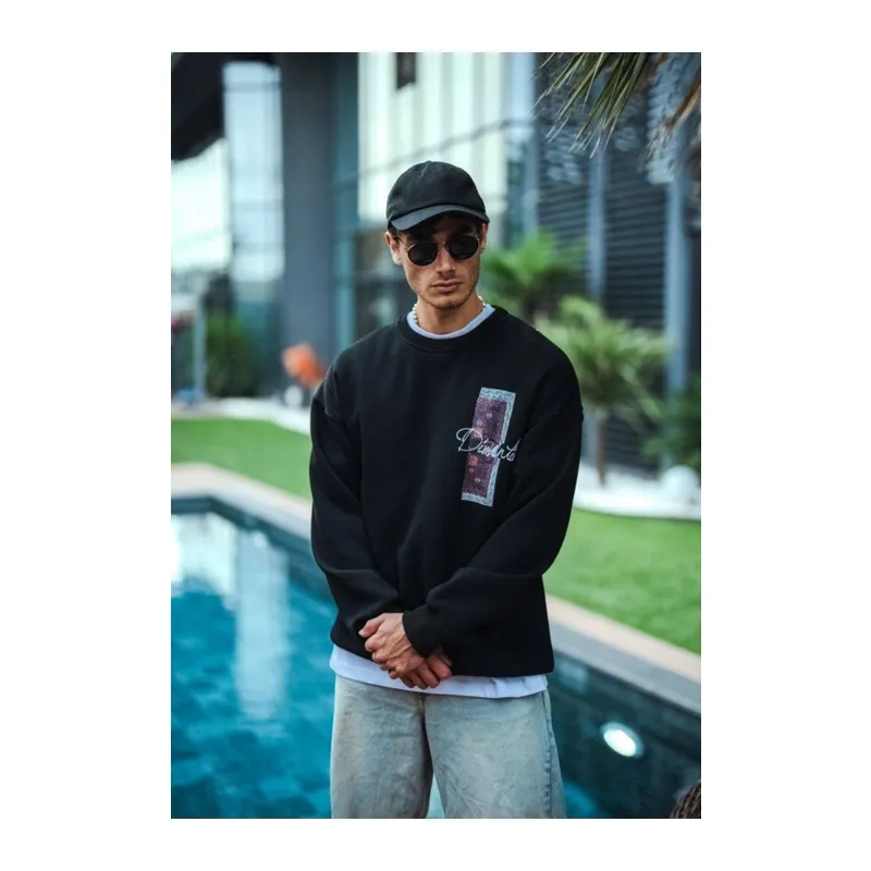 Uzun Kol Bisiklet Yaka Ön Ve Arka Baskılı SweatShirt - Siyah