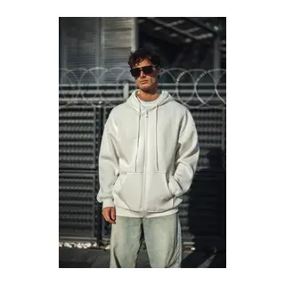 Oversize Tam Fermuarlı Uzun Kol Hırka - Beyaz