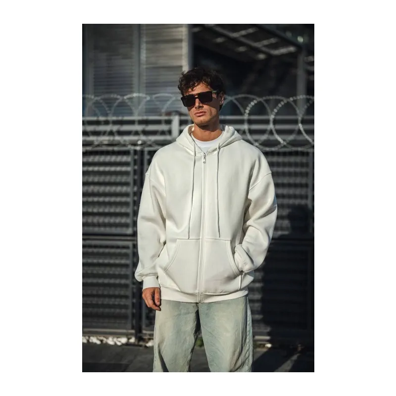 Oversize Tam Fermuarlı Uzun Kol Hırka - Beyaz