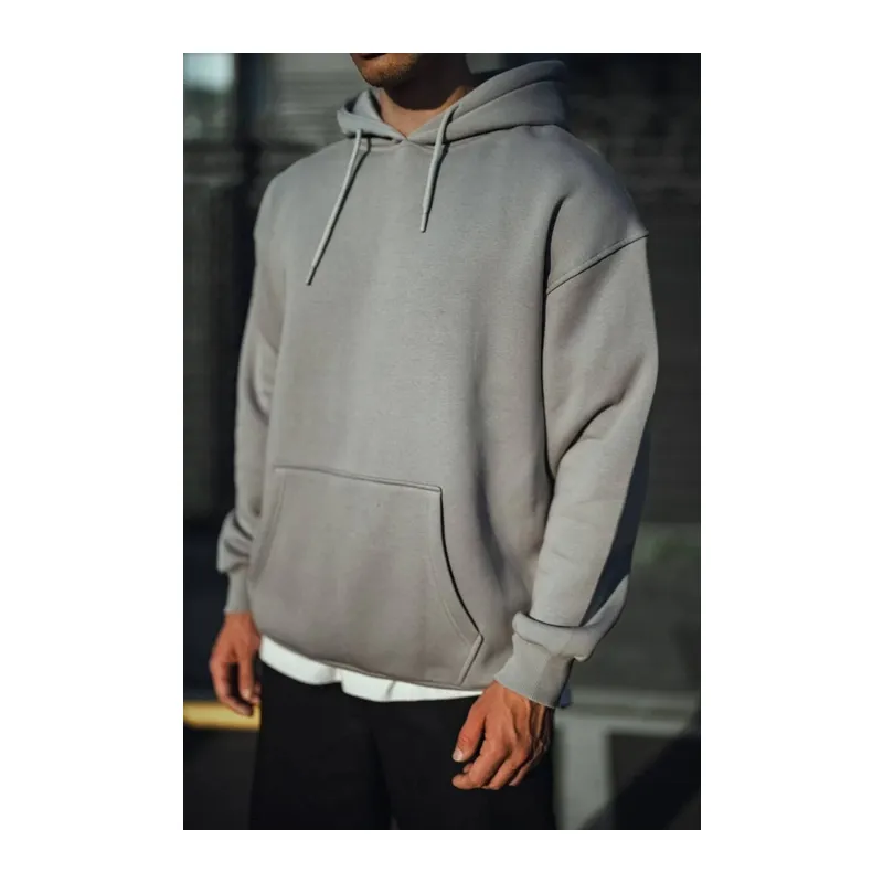 Üç İplik Penye Kapşonlu Basic SweatShirt - Boyalı Gri