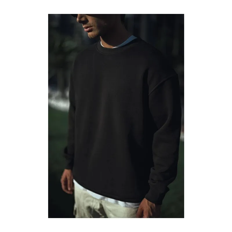 Kışlık Bisiklet Yaka Üç İplik Basic SweatShirt - Siyah