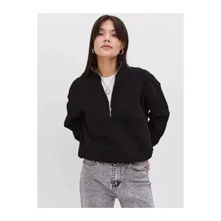 Oversize Yarım Farmuarlı Yakalı Basic SweatShirt - Siyah