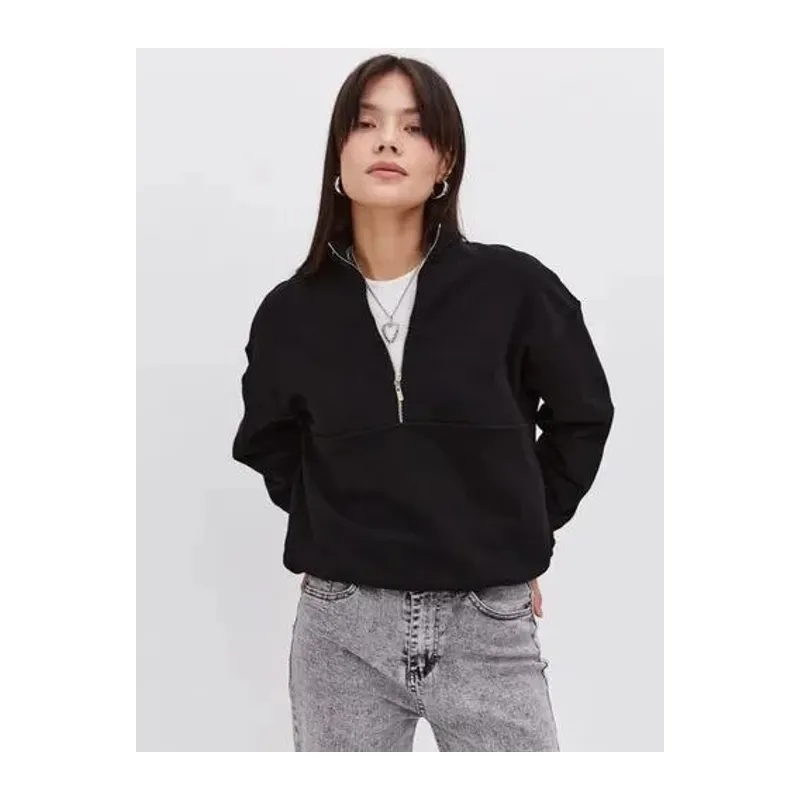 Oversize Yarım Farmuarlı Yakalı Basic SweatShirt - Siyah