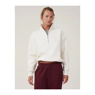 Oversize Yarım Farmuarlı Yakalı Basic SweatShirt - Beyaz