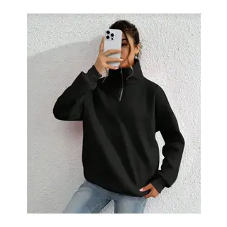 Unisex Uzun Kol Yarım Farmuarlı Yakalı Basic SweatShirt - Siyah