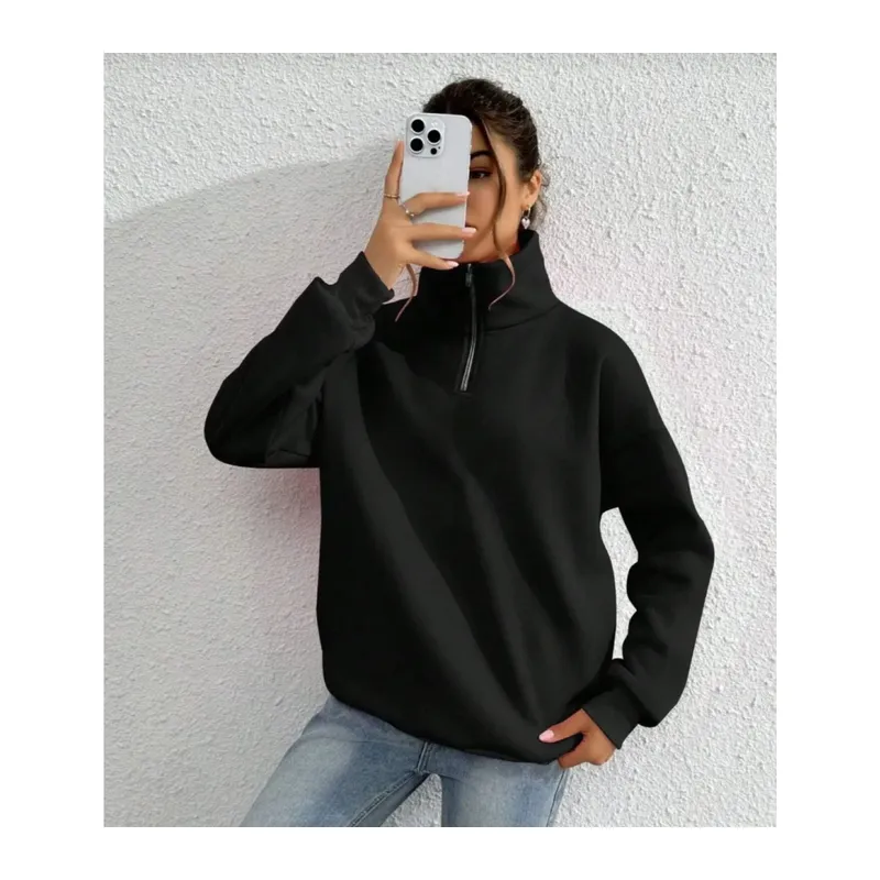 Unisex Uzun Kol Yarım Farmuarlı Yakalı Basic SweatShirt - Siyah