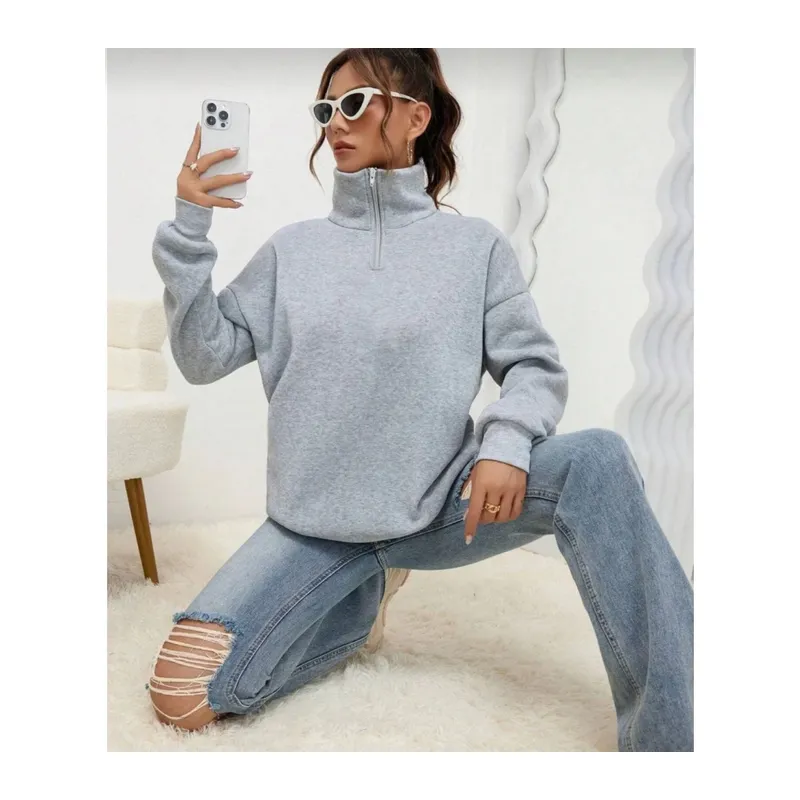 Unisex Uzun Kol Yarım Farmuarlı Yakalı Basic SweatShirt - Gri