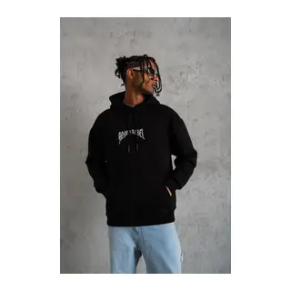 Erkek Kordon İpli Baskılı Kapüşonlu Sweatshirt - Siyah
