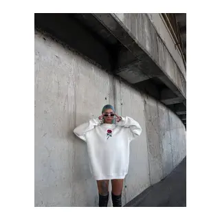 Oversize Üç İplik Bisiklet Yaka Baskılı SweatShirt - Beyaz