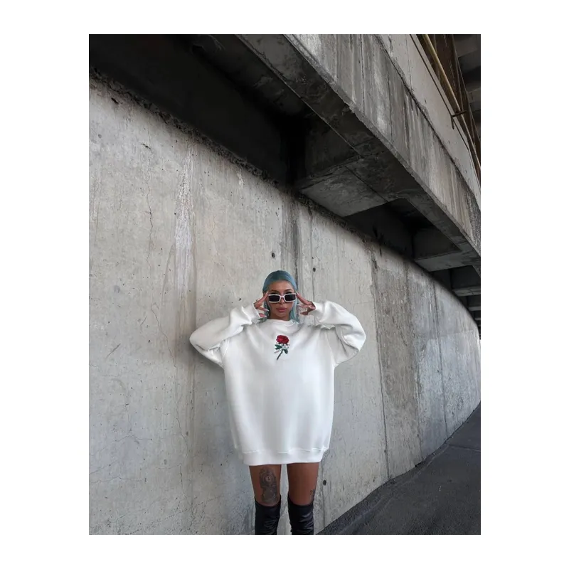 Oversize Üç İplik Bisiklet Yaka Baskılı SweatShirt - Beyaz