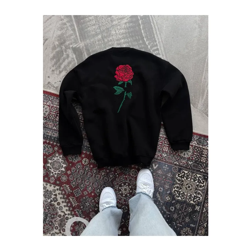 Oversize Üç İplik Bisiklet Yaka Baskılı SweatShirt - Siyah