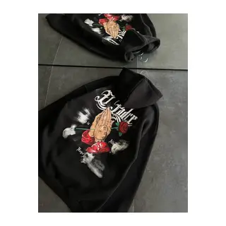 Üç İplik Penye Uzun Kol Kapşonlu Baskılı SweatShirt - Siyah