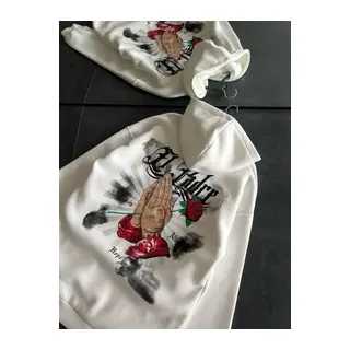 Üç İplik Penye Uzun Kol Kapşonlu Baskılı SweatShirt - Beyaz