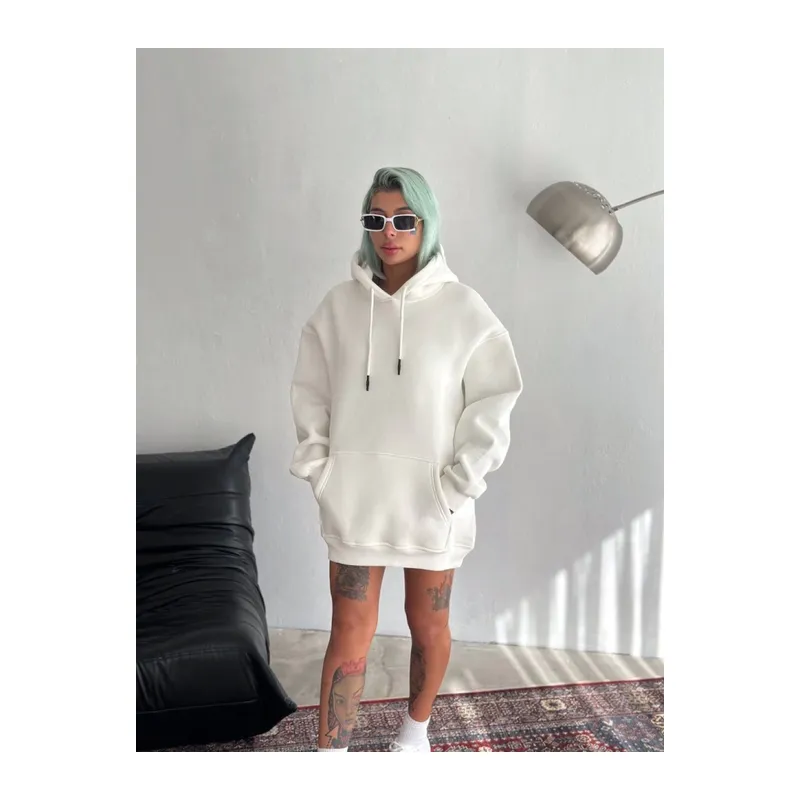 Kapşonlu Üç İplik Penye Basic SweatShirt - Beyaz