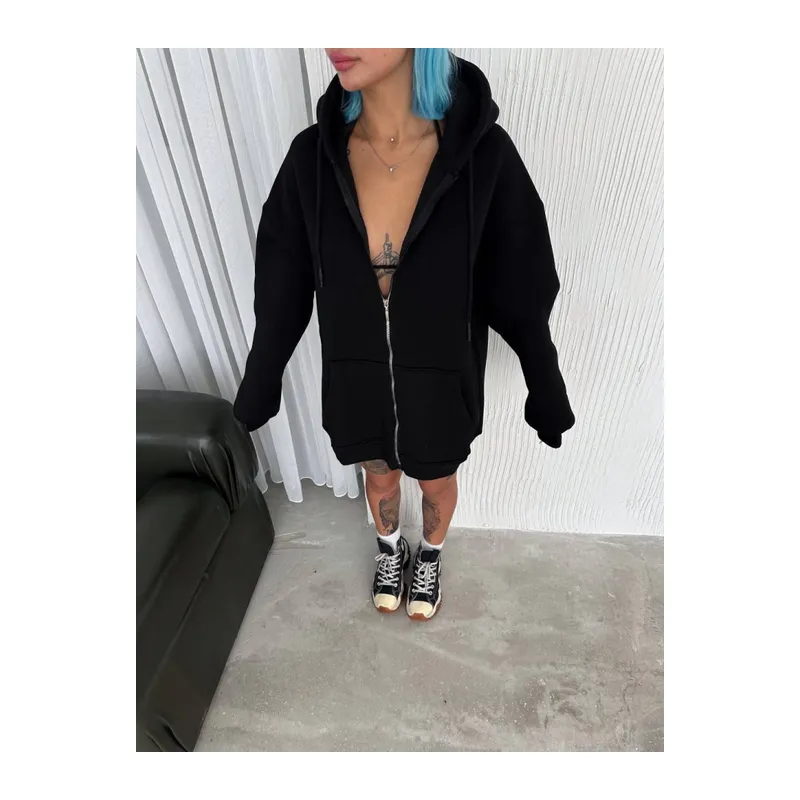 Oversize Tam Fermuarlı Uzun Kol Hırka - Siyah