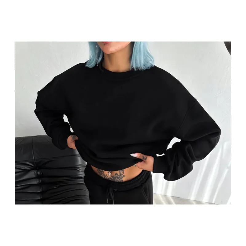 Kışlık Bisiklet Yaka Üç İplik Basic SweatShirt - Siyah