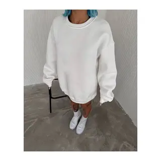 Kışlık Bisiklet Yaka Üç İplik Basic SweatShirt - Beyaz