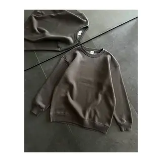 Kışlık Bisiklet Yaka Üç İplik Basic SweatShirt - Füme