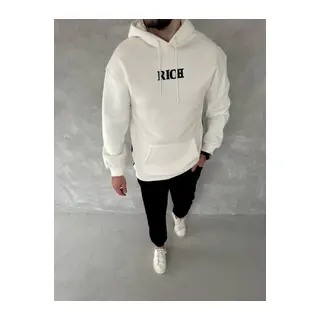 Uzun Kol Kapşonlu Göğüs Baskılı SweatShirt - Beyaz