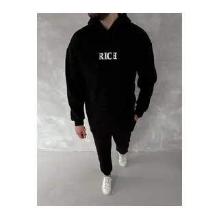 Uzun Kol Kapşonlu Göğüs Baskılı SweatShirt - Siyah