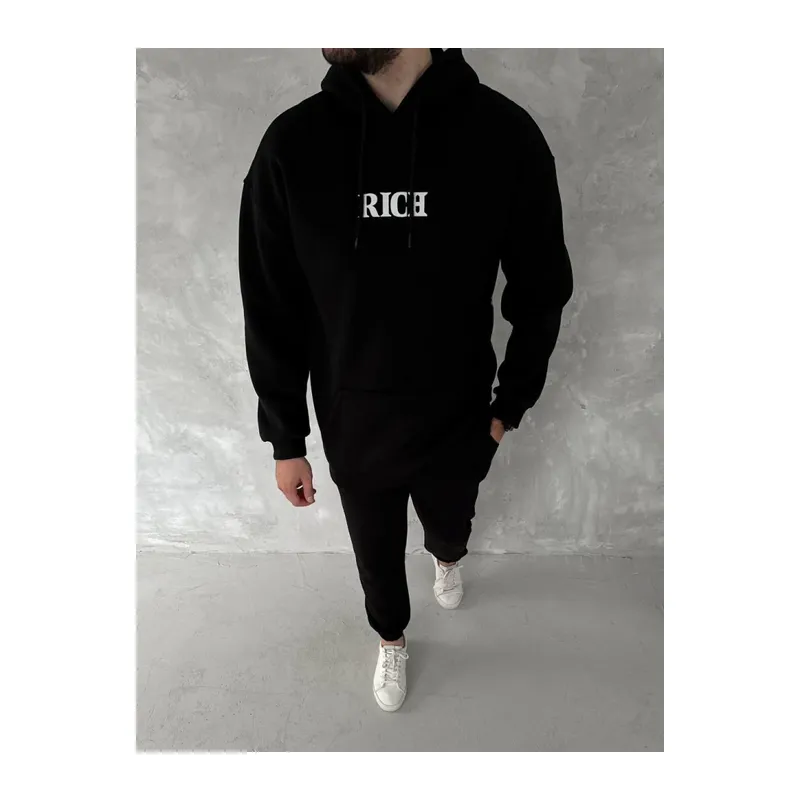 Uzun Kol Kapşonlu Göğüs Baskılı SweatShirt - Siyah