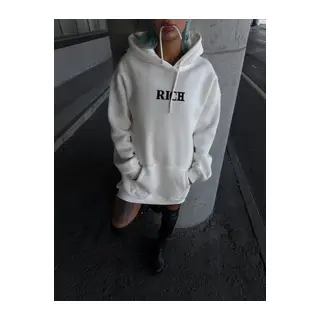 Uzun Kol Kapşonlu Göğüs Baskılı SweatShirt - Beyaz