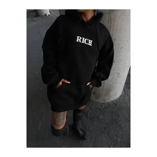 Uzun Kol Kapşonlu Göğüs Baskılı SweatShirt - Siyah