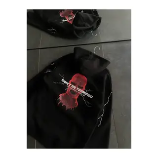 Üç İplik Kapşonlu Baskılı Oversize SweatShirt- Siyah