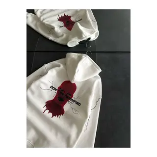 Üç İplik Kapşonlu Baskılı Oversize SweatShirt- Beyaz