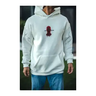 Üç İplik Kapşonlu Baskılı Oversize SweatShirt- Beyaz