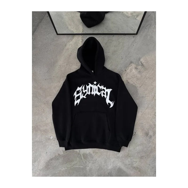 Üç İplik Kapşonlu Baskılı Oversize SweatShirt- Siyah