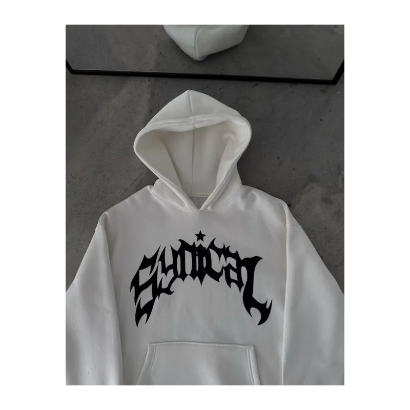 Üç İplik Kapşonlu Baskılı Oversize SweatShirt- Beyaz