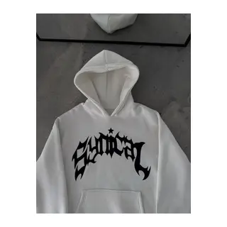 Üç İplik Kapşonlu Baskılı Oversize SweatShirt- Beyaz