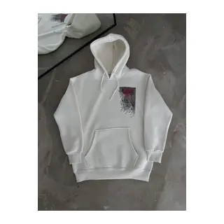 Uzun Kol Kapşonlu Ön Ve Arka Baskılı SweatShirt - Beyaz