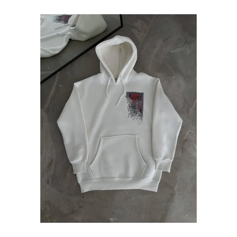 Uzun Kol Kapşonlu Ön Ve Arka Baskılı SweatShirt - Beyaz