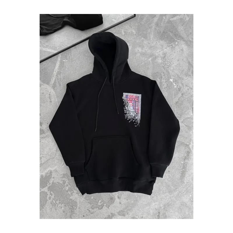 Uzun Kol Kapşonlu Ön Ve Arka Baskılı SweatShirt - Siyah