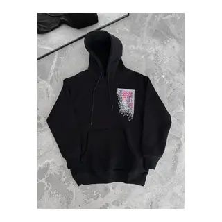 Uzun Kol Kapşonlu Ön Ve Arka Baskılı SweatShirt - Siyah