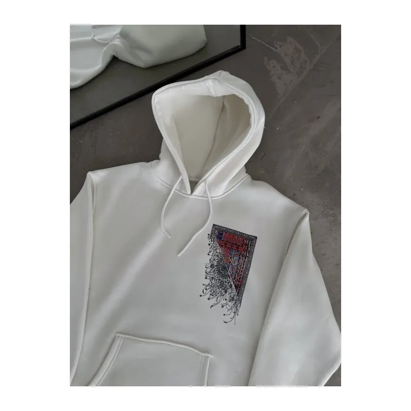 Uzun Kol Kapşonlu Ön Ve Arka Baskılı SweatShirt - Beyaz