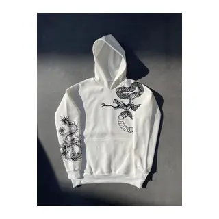 Uzun Kol Kapşonlu Baskılı SweatShirt - Beyaz