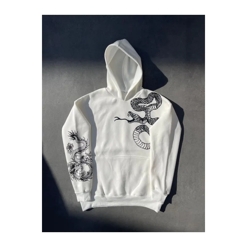Uzun Kol Kapşonlu Baskılı SweatShirt - Beyaz