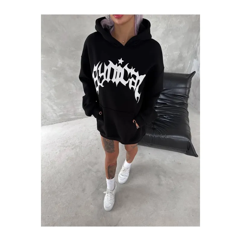 Unisex Üç İplik Kapşonlu Baskılı SweatShirt - Siyah