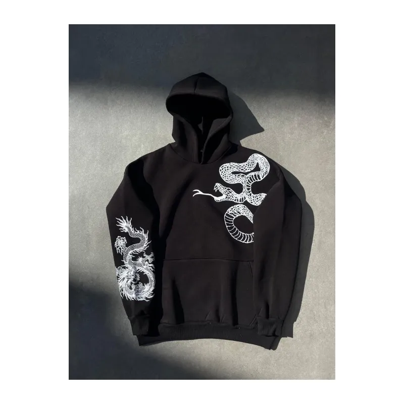 Uzun Kol Kapşonlu Baskılı SweatShirt - Siyah