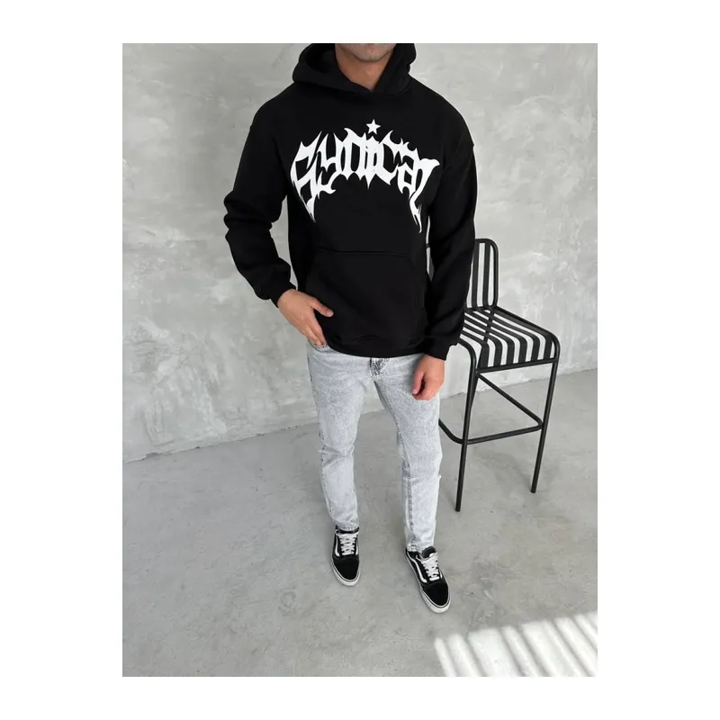 Unisex Üç İplik Kapşonlu Baskılı SweatShirt - Siyah
