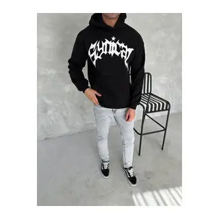 Unisex Üç İplik Kapşonlu Baskılı SweatShirt - Siyah