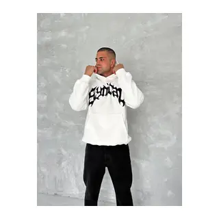 Unisex Üç İplik Kapşonlu Baskılı SweatShirt - Beyaz