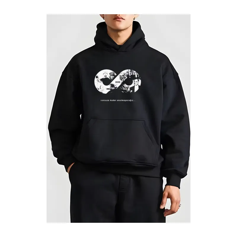 10 Kasıma Özel Üç İplik Kapşonlu Baskılı SweatShirt - Siyah