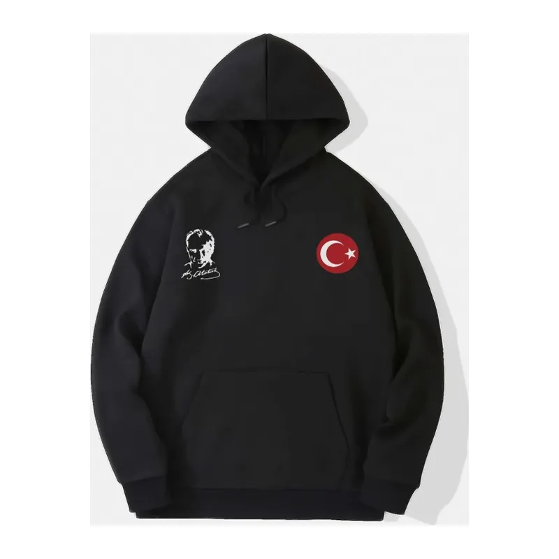 10 Kasıma Özel Üç İplik Kapşonlu Baskılı SweatShirt - Siyah