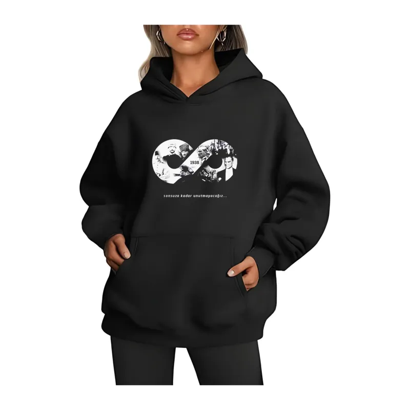 Üç İplik Kapşonlu 10 Kasıma Özel SweatShirt - Siyah